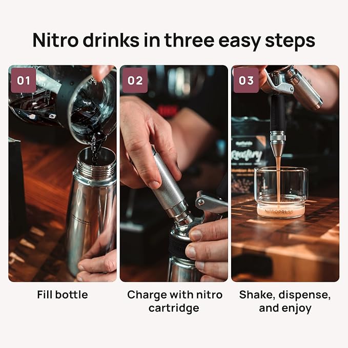 Original NitroPress - Nitro Cold Brew Coffee Maker | Portable Nitrogen Infuser for Smooth Nitro Drinks Cold Brew Cocktails &amp Tea at Home or On the Go | Uses N2 Cartridges | Stainless Steel Desig