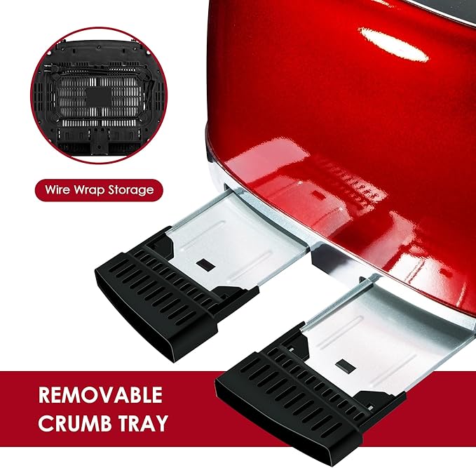 Roter Mond 4 Slice Toaster Retro Stainless Steel with Bagel Defrost Cancel Function 6 Browning Settings Extre Wide Slot and Removable Crumb Tray Red ST033