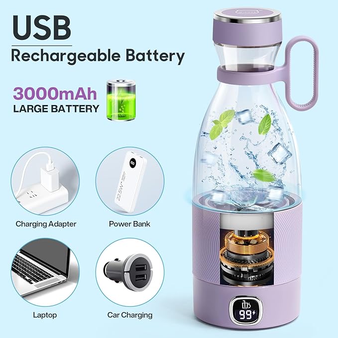 Portable Blender MIAOKE 6 Blades Juicer Cup for Juice Shakes and Smoothies 350ml Mini Blender with Led Display Usb Rechargeable3000Mah Rechargeable Battery for Home Sports Outdoors Travel-Purple