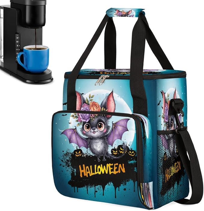Halloween Bats Flower Moon Coffee Maker Carring Bag Travel Carrying Storage Tote Bag Compatible with Keurig K-Mini or K-Mini Plus Portable Single Serve Coffee Brewer Case with Pockets for K-cup Pods