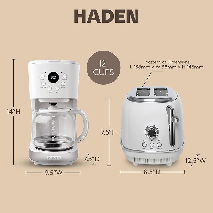Haden 12 Cup Programmable Coffee Maker with Brew Strength Control and Heritage Stainless Steel Bread Toaster 2 Slice Wide Slot Ivory &amp Chrome