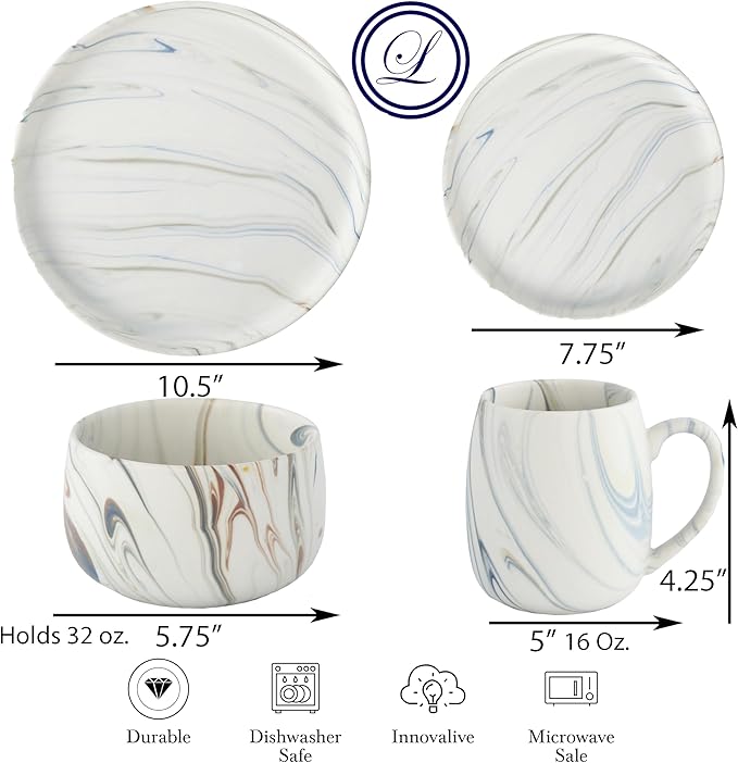 Lorren Home Trends Marble Pattern Dinnerware Set 16 Piece Service for 4 Includes 10.5 Dinner Plates 7.75 Salad Plates 32 oz Bowls 16 oz Mugs Dishwasher &amp Microwave Safe