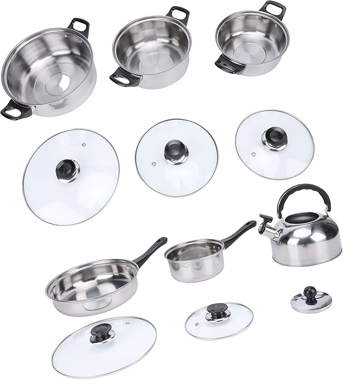 Stainless Steel Cookware Set Durable Pots and Pans with Glass Lids for Professional Cooking and Home Kitchen Use