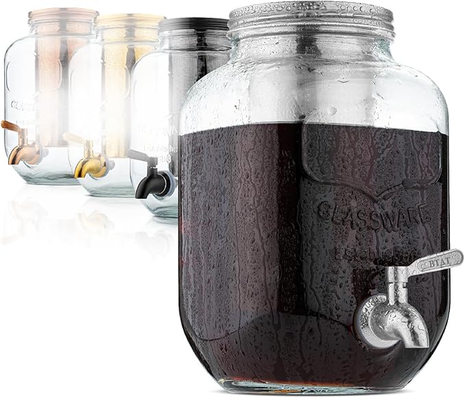 BTaT- 1 Gallon Cold Brew Coffee Maker Thick Glass Pitcher with Stainless Steel Filter Lid &amp Spigot Iced Coffee &amp Sun Tea Brewer Large Mason Jar Cold Brew Container Fast Iced Tea Maker for