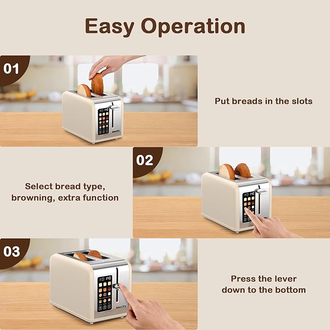 Mecity 2 Slice Touch Screen Toaster 1.5 Wide Slot Stainless Steel Smart Toaster for Bagels Muffins Waffles Gluten-Free Breads Defrost Reheat Timer 120V 825W Cream Color