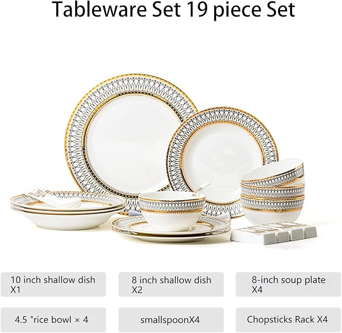 42 Piece Porcelain Dinnerware Set Light Luxury Style Translucent Dishwasher Microwave Safe Plates Bowls Scratch Resistant Dishware Sets (Gold 19 piece set)