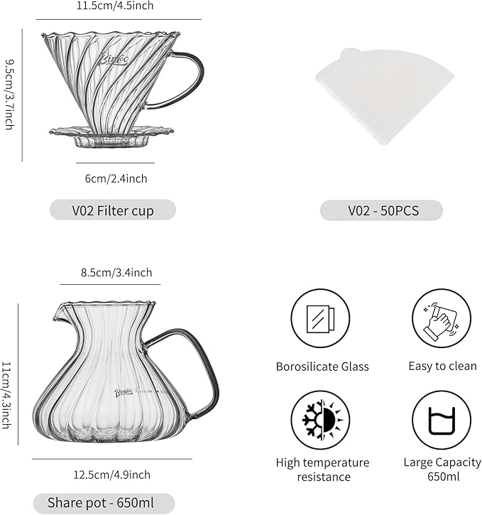 Bincoo Pour Over Coffee Maker Set650ML Borosilicate Glass Carafe with Coffee Driper&amp50pcs Paper FilterGlass Coffee Maker for Home Café Restaurant(Transparent)