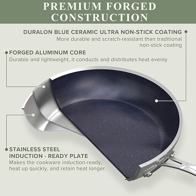 Nuwave Healthy Duralon Blue Ceramic Nonstick Cookware Set Diamond Infused Scratch-Resistant PFAS Free Dishwasher &amp Oven Safe Induction Ready &amp Evenly Heats Tempered Glass Lids &amp Stay-