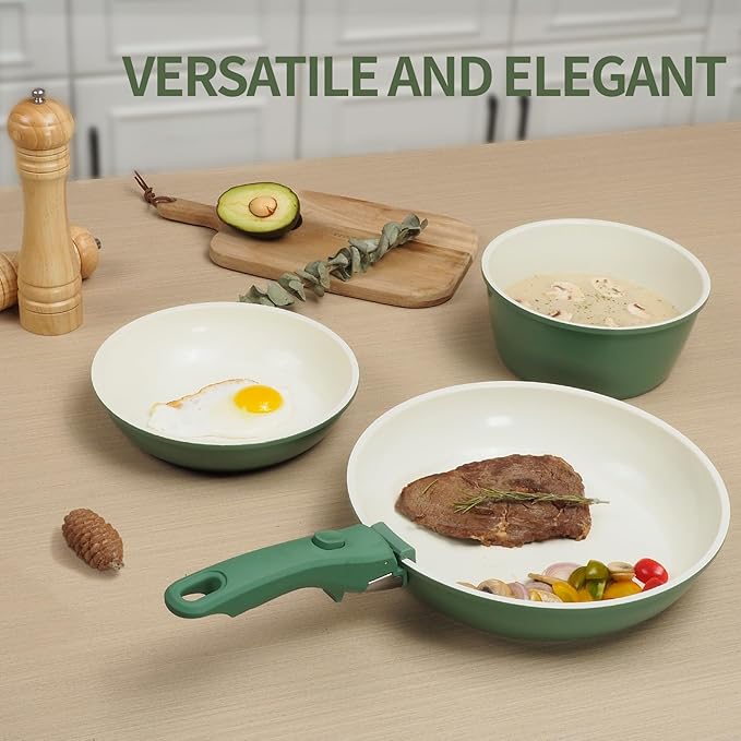 31pcs Ceramic Pots and Pans Set Nonstick Detachable Handle Cookware Induction Kitchen Cooking Set with Removable Handleinclude Frying Pans &amp Saucepans Oven Safe(Green)