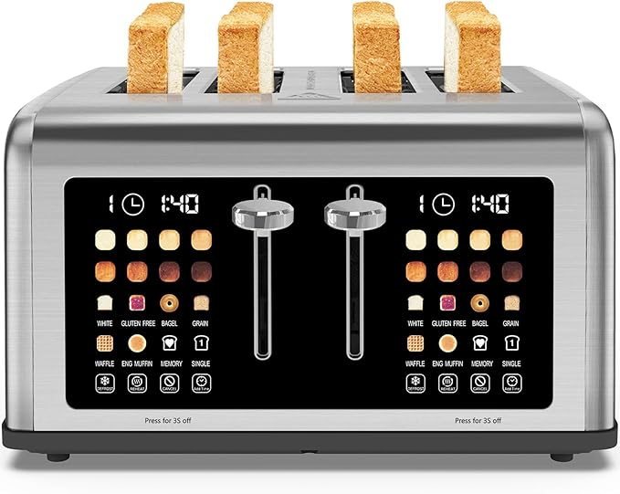 4 Slice Toaster Touch Screen Stainless Steel Toasters Digital Timer Dual Control Panel Toasters 8 Shade Settings 6 Bread Types for Bagel Cancel Defrost 1650W