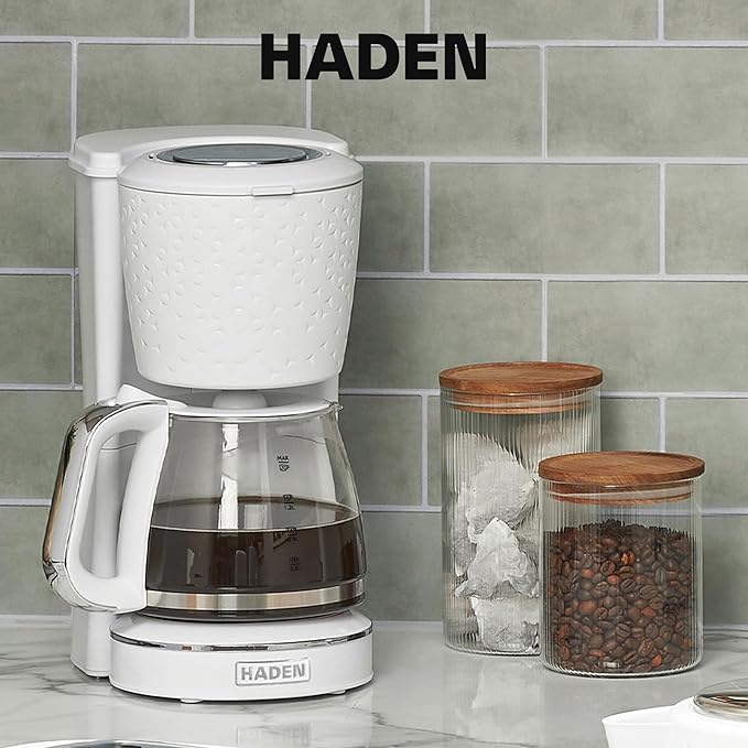 HADEN Starbeck Coffee Machine 10 Cup Automatic Drip Coffee Maker with Anti-Drip Function and Reusable Washable Water Filter White &amp Chrome