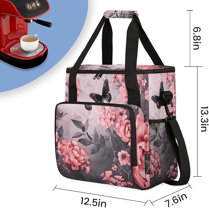 Flowers Butterfly Coffee Maker Carrying Bag Watercolor Butterfly Travel Storage Bag Compatible with K-Mini or K-Mini Plus Single Serve Coffee Brewer Carrying Case with Pockets &amp Shoulder Strap
