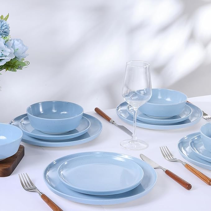 Webbylee 12-Piece Melamine Dinnerware Set for 4 – Unbreakable Plates &amp Bowls Lightweight Two-Tone Blue &amp Beige Ideal for Family Meals Camping Picnic Parties