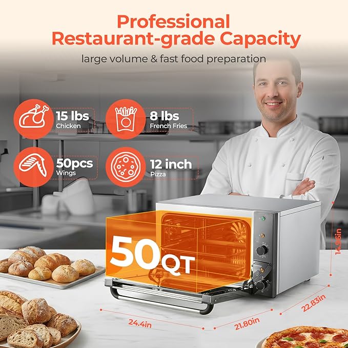 Commercial Convection Oven 2500W Countertop Oven 1.68 cu.ft Large Capacity 3-Tier Toaster Oven with 122-572°F Control Stainless Steel Commercial Oven for Restaurant Bakery Pizza Shop Food Truck