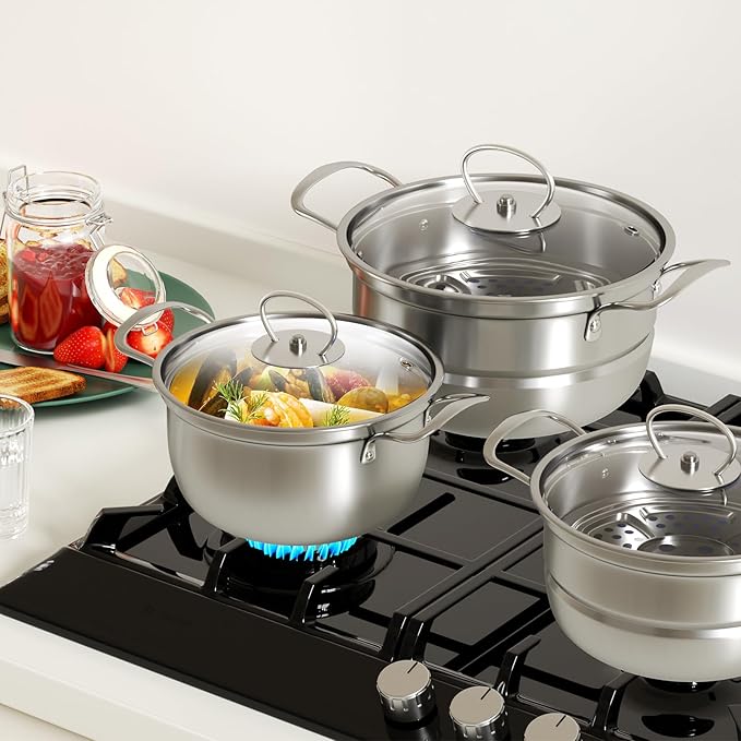Stainless Steel Cookware Set 12 Piece Pots Set with Steamer and Spoon Kitchen Induction Cookware Set Works with Induction Kitchen Cooking Set with Glassuncoated (Gray silver)