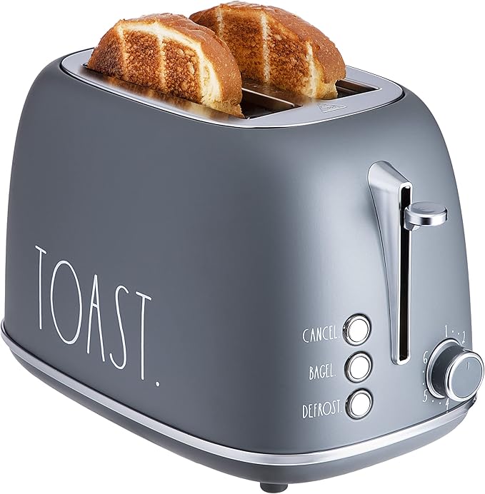 Rae Dunn Retro Rounded Bread Toaster 2 Slice Stainless Steel Toaster with Removable Crumb Tray Wide Slot with 6 Browning Levels Bagel Defrost and Cancel Options Grey