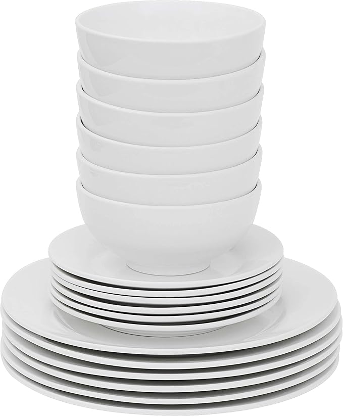 Nouva 18-Piece Service for 6 Porcelain Dinnerware Set Round Kitchen Plates and Bowls Set Chip &amp Scratch Resistant Dishware Sets White