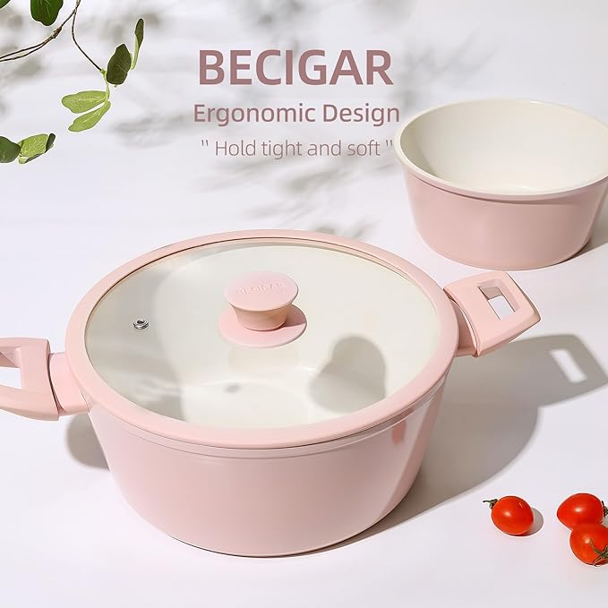 23pcs Ceramic Pots and Pans Set Nonstick Detachable Handle Cookware Induction Kitchen Cooking Set with Removable Handleinclude Frying Pans &amp Saucepans Oven Safe(Pink)