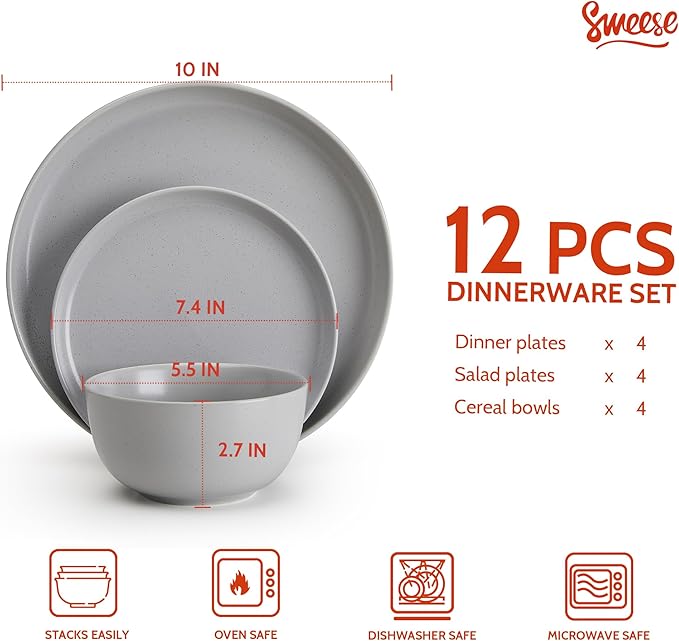 Sweese Dinnerware Sets12 Pieces Porcelain Round Plates and Bowls Sets Dishes Set for 4 Chip Scratch Dishwasher Microwave and Oven Safe Dishware Sets Grey
