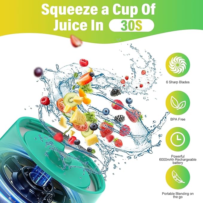 Portable Blender 360W Personal Blender for Shakes and Smoothies for Kitchen 24 Oz BPA Free Traveling Juicer Cup and Lid with 6 Blades Self Cleaning Portable Juicer for Kitchen/Travel/Gym Green