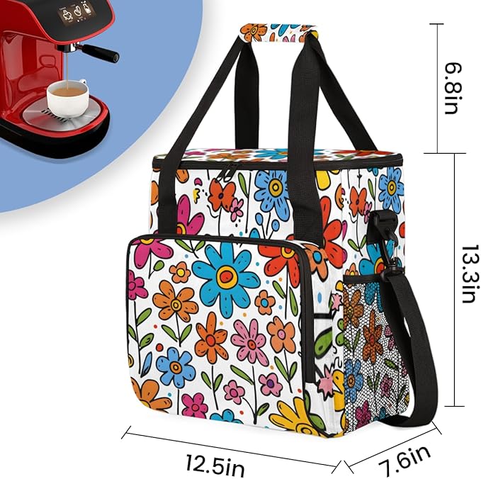 Cute Floral Colorful Travel Coffee Maker Carrying Bag Boho Large Organizer Storage Tote Bag Insulated Reusable Cooler Lunch Bags