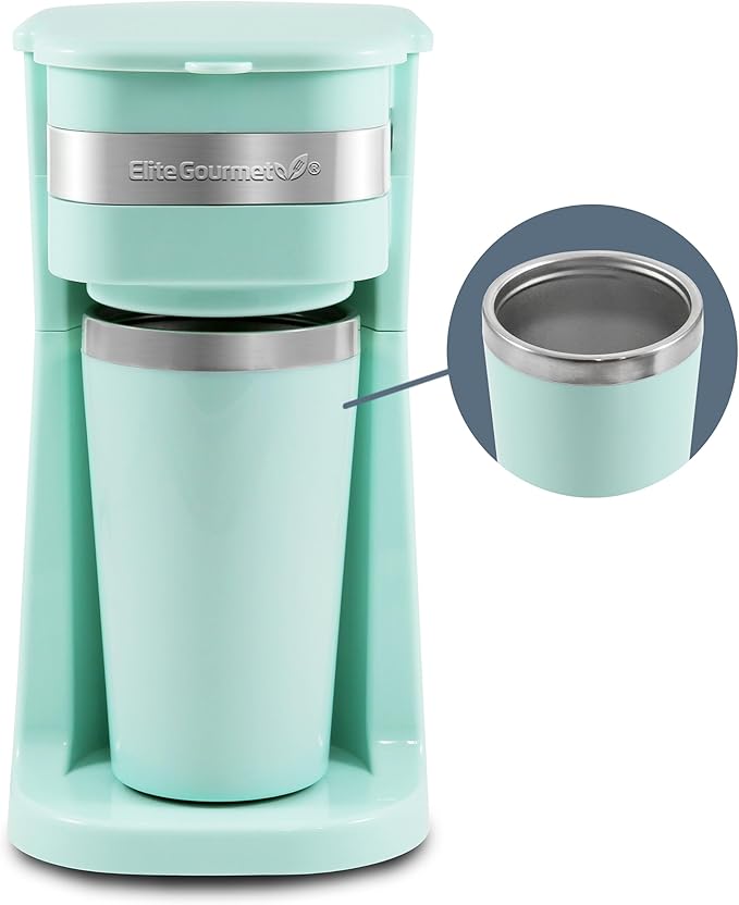 Elite Gourmet EHC113M Personal Single-Serve Compact Coffee Maker Brewer Includes 14Oz. Stainless Steel Interior Thermal Travel Mug Compatible with Coffee Grounds Reusable Filter Mint