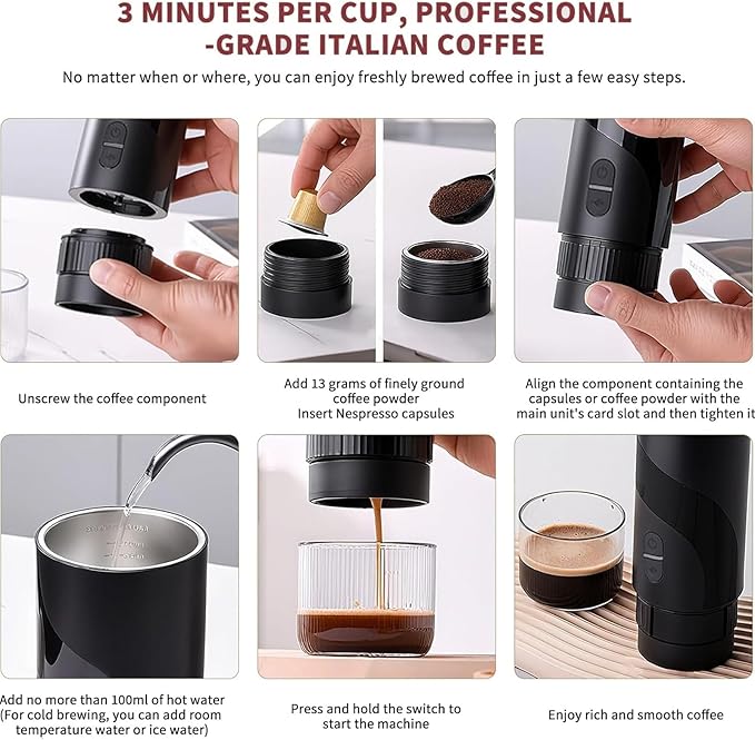 2 in 1 Portable Electric Coffee Maker None Self-heating 20-Bar Travel Coffee Maker Portable Espresso Machine for Car Camping Office Compatible with Coffee Powder and Nespresso Capsule