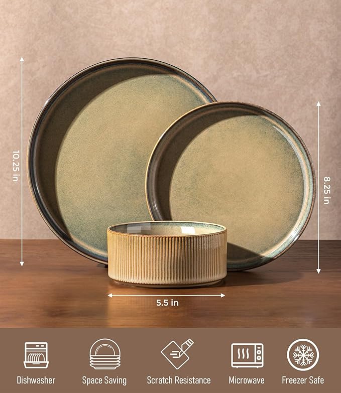 GBHOME Stoneware Dinnerware Sets for 4 12 Pieces Ceramic Ribbed Plates and Bowls Set Reactive Glaze Stackable Plate Sets Scratch Resistant Dishes Microwave &amp Dishwasher Safe Linen