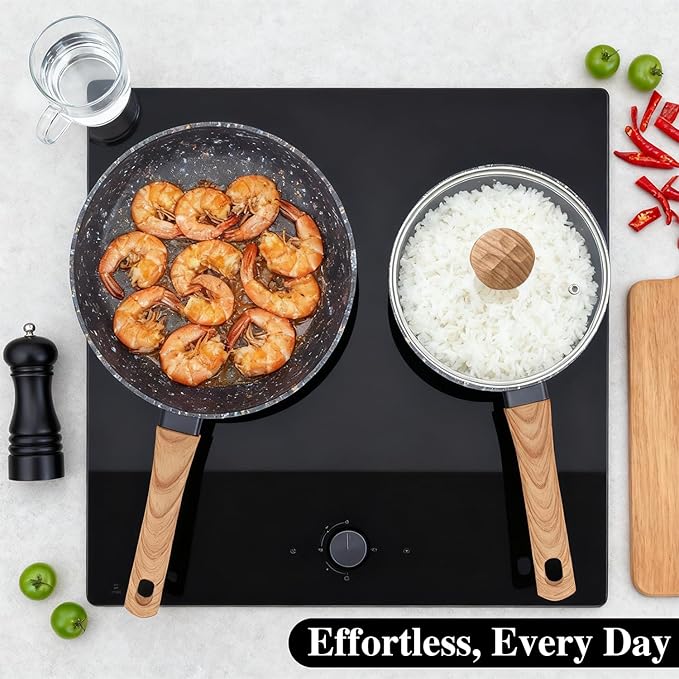 2-Piece Nonstick Cookware Set 8.5 Inch Frying Pan &amp 1.43QT Saucepan with Lid | PFAS &amp PFOA Free Non-Toxic Coating | Induction Compatible Dishwasher Safe | Pots and Pans Set for Beginner Kitc