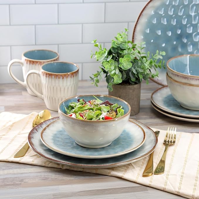 16 Piece Stoneware Dinnerware Set Blue and Beige Plates and Bowls Microwave &amp Dishwasher Safe Dinner Set for 4 (Blue &amp Beige)