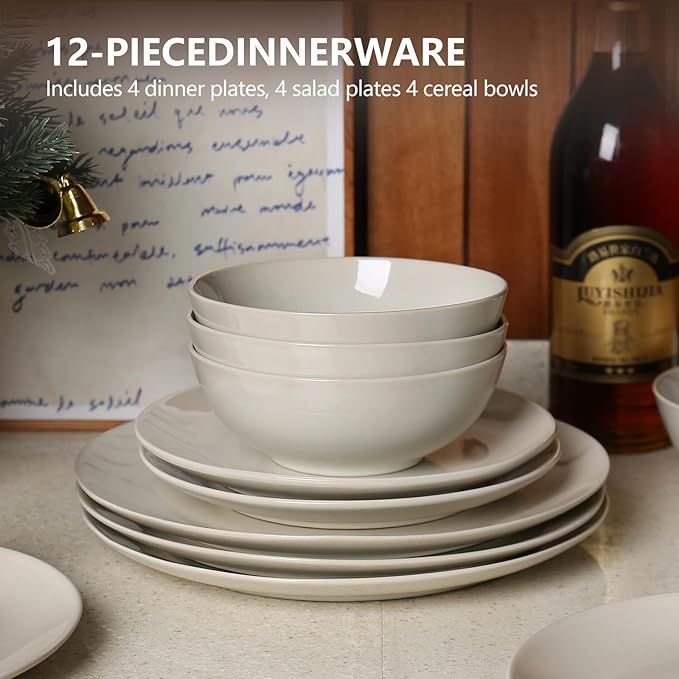 Ceramic Dinnerware Sets-12 Pieces Set Plates Pasta Bowls Soup Bowls Modern Stoneware Dishes Reaction Glaze Black (Sky white)