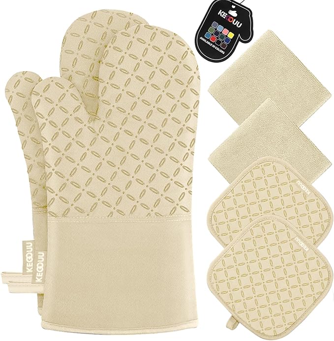 KEGOUU Oven Mitts and Pot Holders 6pcs Set Kitchen Oven Glove High Heat Resistant 500 Degree Extra Long Oven Mitts and Potholder with Non-Slip Silicone Surface for Cooking (Beige)