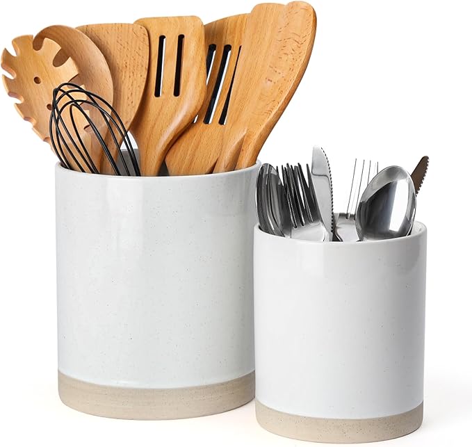 Famiware Mars Plates and Bowls Set of 12 and Milkyway Kitchen Utensil Holder for Countertop Set of 2 14 Pieces Dinnerware Sets White