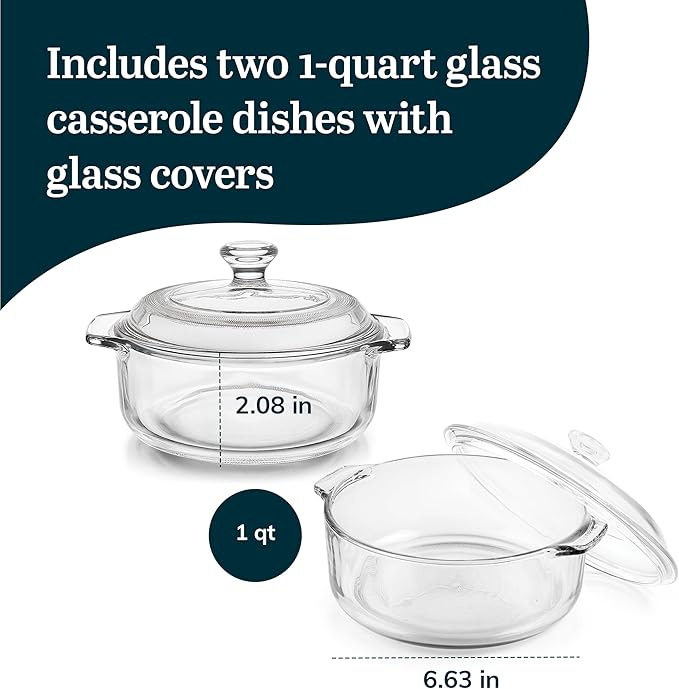 Libbey Baker's Basics 2 Piece Glass Dishes with Lids - Elegant Casserole Dishes for Oven with Lids - Versatile Baking Dish to Store Leftovers &amp More