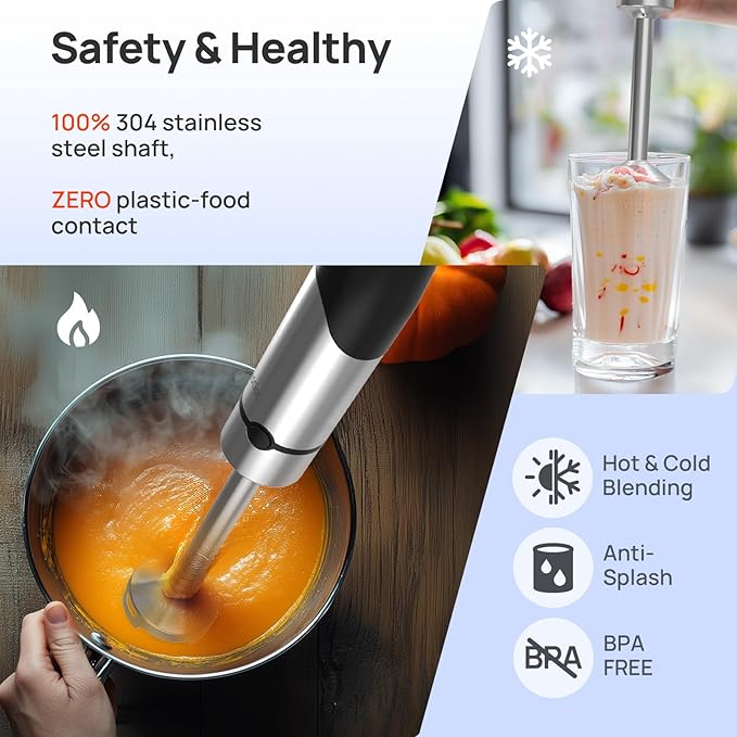 Consciot 4 in 1 Immersion Hand Blender Max 1100W Corded Stick Emulsifier with Entire Stainless Steel Blender Shaft Trigger Speed Control For Blending Beating Frothing Mixing &amp More Non-BPA