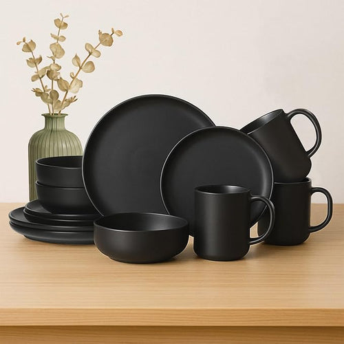 12-Piece Matte Black Dinnerware SetStoneware Dinnerware for 3 Microwave &amp Dishwasher Safe Stackable Design for Kitchen and Dining - PlatesBowls and Mugs