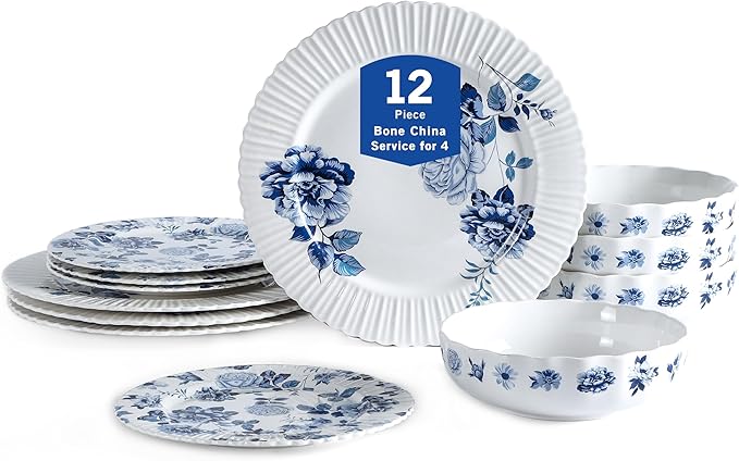 Stone Lain Fiore 12-Piece Dinnerware Set New Bone China Blue