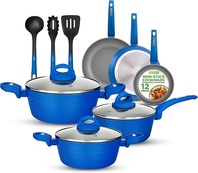 NutriChef 12-Pc Blue Nonstick Cookware Set - Professional Pots &amp Pans with Durable Coating All Cooktops Compatible Including Induction