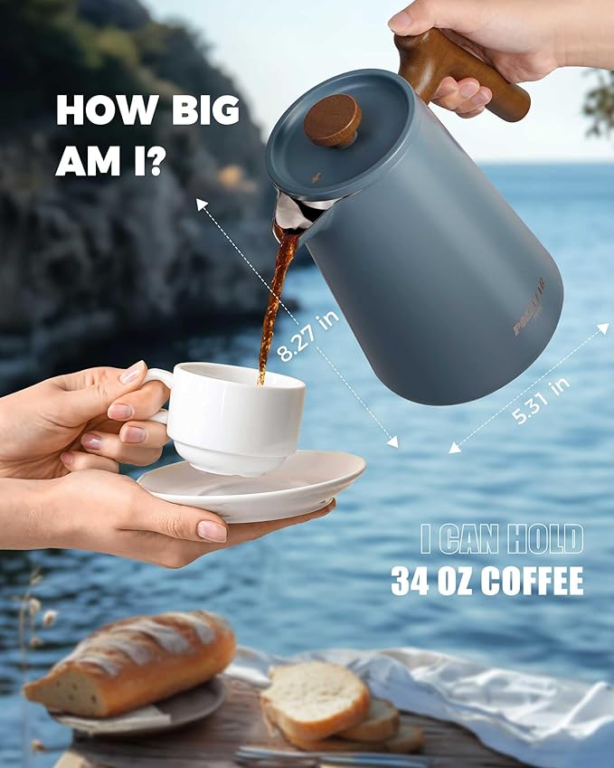 POLIVIAR French Press Coffee Maker 34 oz Coffee Press with Real Wood Handle Double Wall Insulation &amp Dual-Filter Screen Food Grade Stainless Steel for Good Coffe and Tea JX2025-XFPU