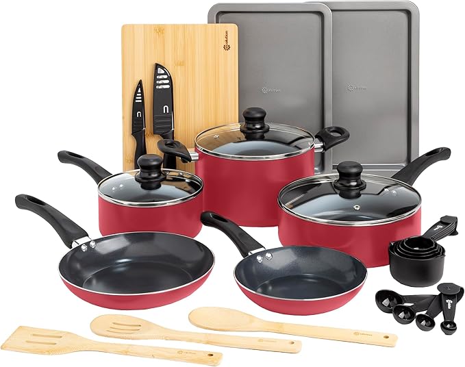 Ecolution Easy Clean Ceramic Nonstick Cookware Set Dishwasher Safe Kitchen Pots and Pans Set Comfort Grip Handle Even Heating Ultimate Food Release 26-Piece Red