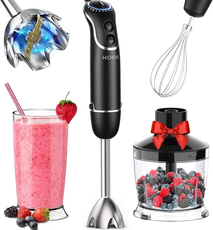 KOIOS 800-Watt/ 12-Speed Immersion Hand Blender(Titanium Reinforced) Turbo for Finer Results 4-in-1 Set Includes BPA-Free Food Chopper / Egg Beater / Beaker Ergonomic Grip Detachable