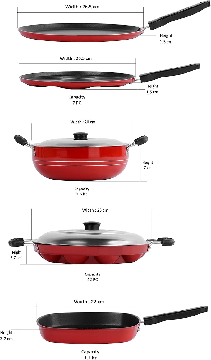 Sumeet 2.6mm Thick Non-Stick Rubrum Cookware set (Dosa Tawa – 26.5cm Dia + Multi snack maker – 26.5cm Dia + Kadhai With Lid – 1.5Ltr + Grill Appam Patra With Lid – 23cm Dia + Grill Pan – 1.1Ltr)