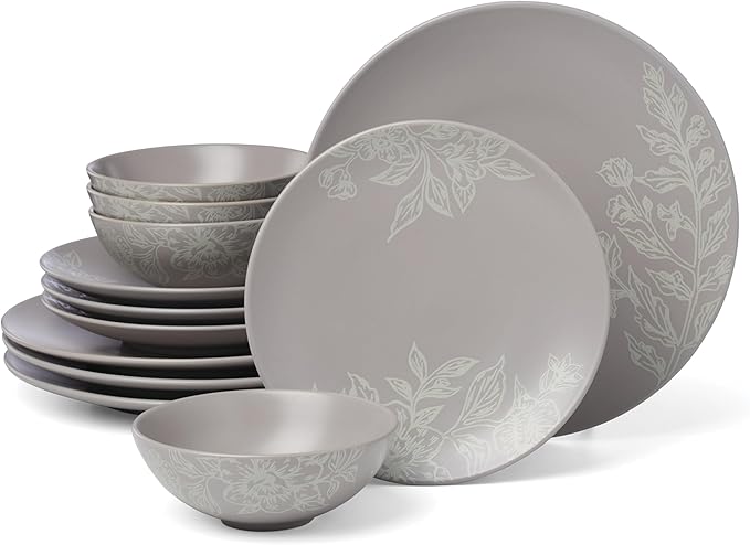 Oneida 897506 Roseto 12-Piece Dinnerware Set Pumice Grey