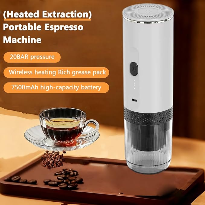 Asixxsix Portable Coffee Maker 2 in 1 Machine with Grinding and Capsule Compartments 20Bar Pressure 7500mAh Rechargeable Fast Heating for Camping Travel Home Office (White)