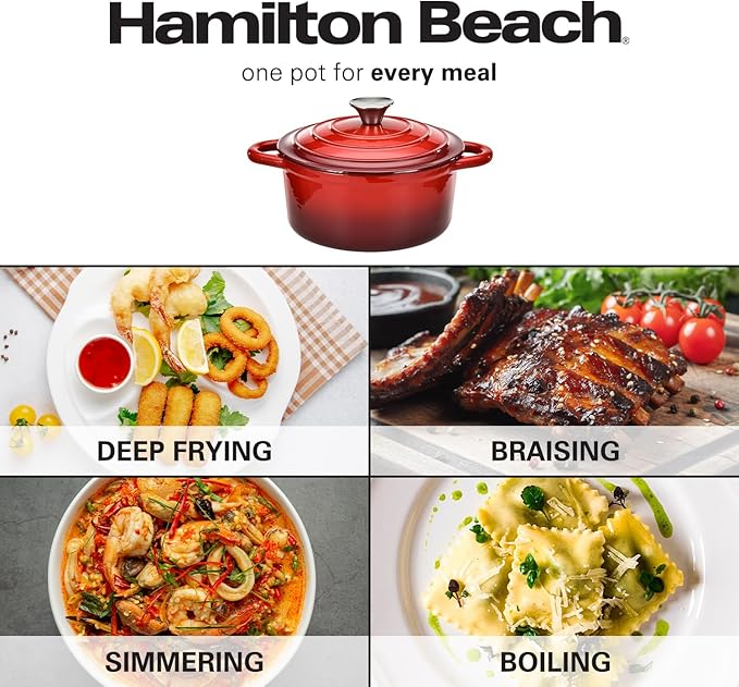 Hamilton Beach 3-Quart Enameled Cast Iron Dutch Oven with Lid | Heavy-Duty Pot for Braising Roasting &amp Baking | Red