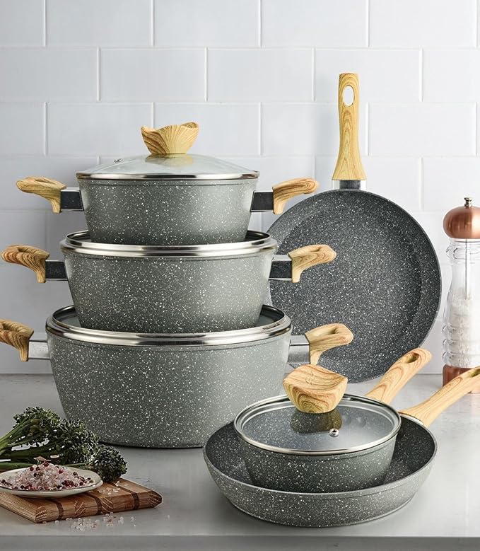 Black Pots and Pans Set 10 Piece Kitchen Cookware Sets Nonstick Granite Coating Cooking Set Induction Compatible with Frying Saucepan Sauté Pan