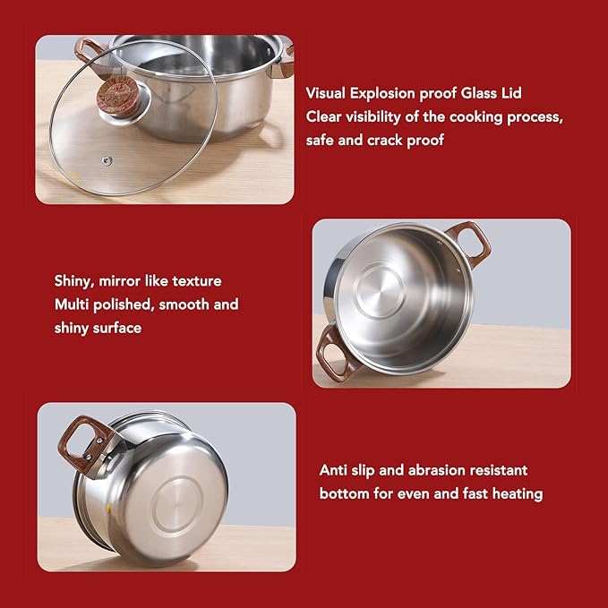 Stainless Steel Woodgrain Pots Pans Set Kitchen Cookware Soup Fry Boil Multifunctional for Chic Kitchen Glass Phenolic Plastic Handle