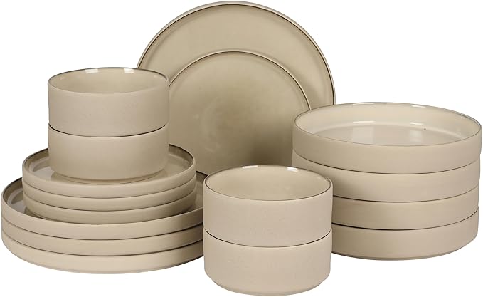 Gibson Elite Liberty Bay 16-Piece Pottery Clay Stoneware Dinnerware Set – Taupe Reactive Glaze Stackable Plates and Bowls W/Pasta Bowl Service for 4 – Microwave &amp Dishwasher Safe