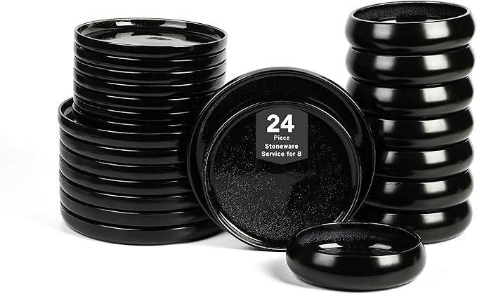 Stone Lain Lagoon 24-Piece Dinnerware Set Stoneware Plates and Bowls set Microwave and Dishwasher Safe Dish Set for 8 Black