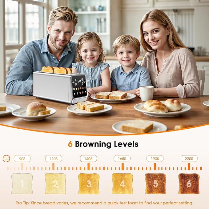 4-Slice Smart Toaster with Digital Touchscreen &amp 1-Touch Memory for Family | Stainless Steel Extra-Wide Long Slots for Bagels &amp Artisan Bread | All-in-One Defrost Reheat &amp Single-Slice M